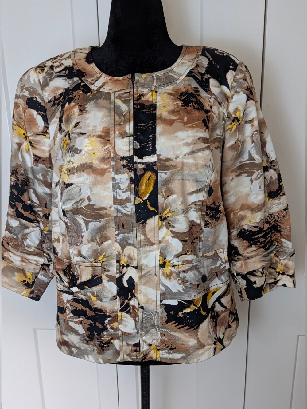 Coldwater Creek Jacket Brown Yellow Floral Full-Zip 3/4 Sleeves Cotton Size 18 W
